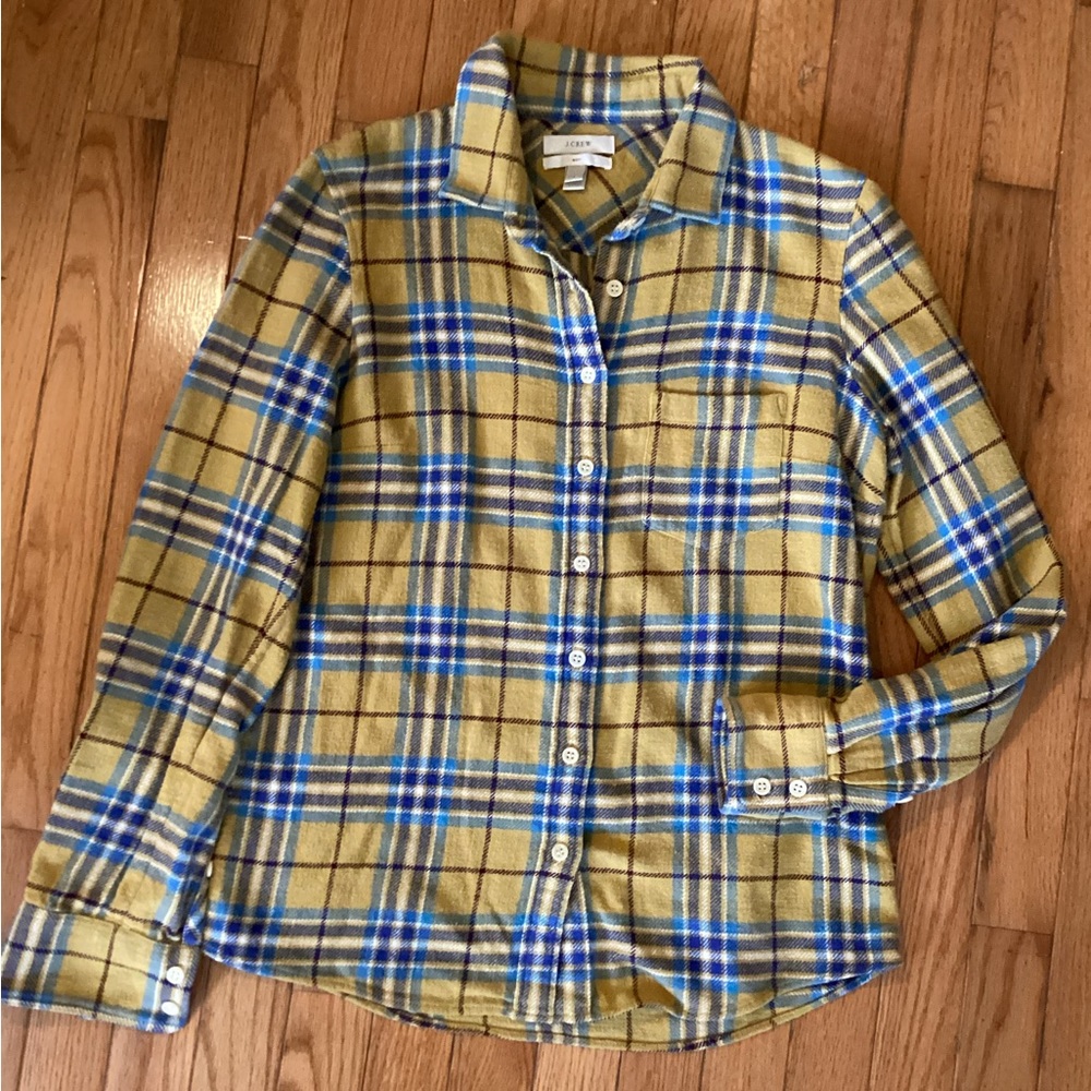 LIKE NEW CREW TEXTURED WEAVE BUTTON DOWN SHIRT TAILORED FIT MUSTARD PLAID 4